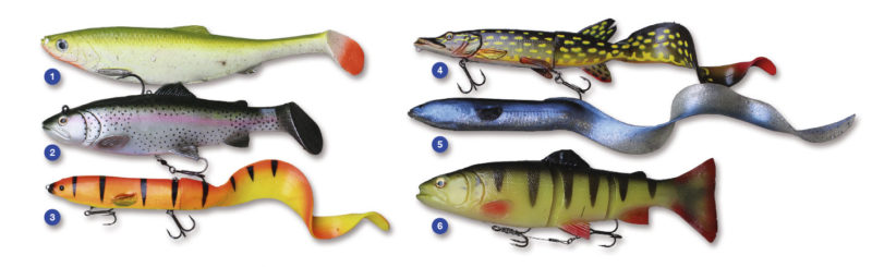 Unterschiedliche Grossköder, die Autor Christian Wieneke im Einsatz hat: 1. Herring Shad, 2. Rattle Trout, 3. Hard Eel, 4. Hybrid Pike, 5. Real Eel, 6. Line-Thru Trout