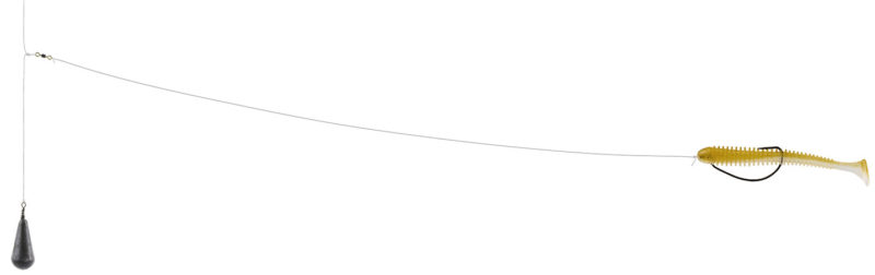 Rund 25 Zentimeter oberhalb des Olivenbleis wird ein freilaufender Tönnchen-Wirbel per möglichst enger Doppelschlaufe in die Hauptschnur gebunden. Ein Abstand von 70 Zentimeter hat sich bei mir bewährt. So lenkt das Blei die Egli nicht zu stark ab und man spürt die Bisse noch zuverlässig genug.